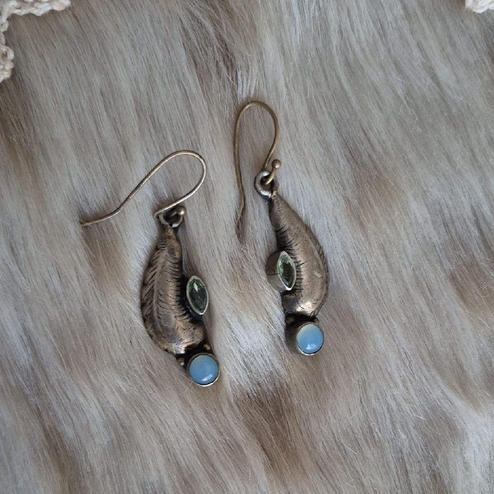 🌙Vintage Silver Puff Earrings with Blue Chalcedony and Green Gem Boho Artisan